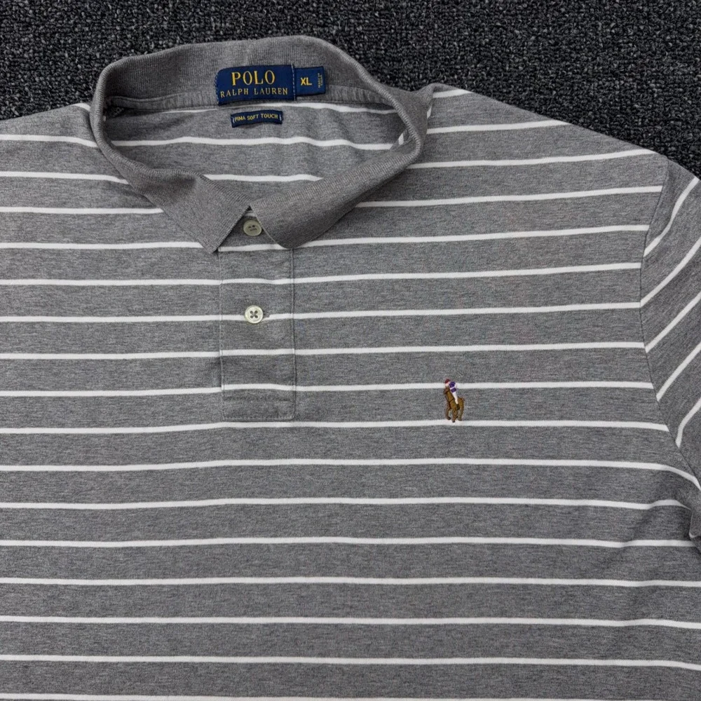 Polo Ralph Lauren Polo Shirt Mens XL Grey White Striped Pima‎ Soft Touch Golf
